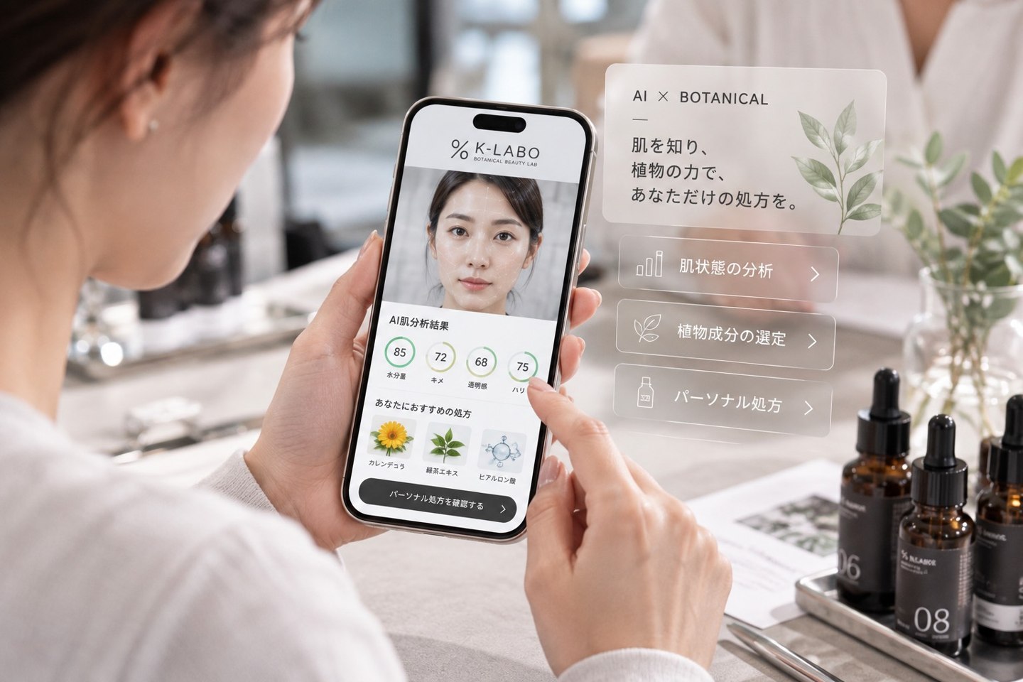 スマートフォンで肌分析の画面を確認する様子